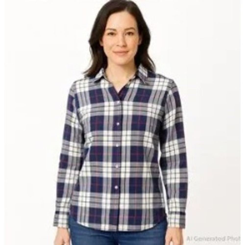 UNTUCKit Womens Plaid Button Down Shirt Navy White Red Cotton Size 4 Long Sleeve